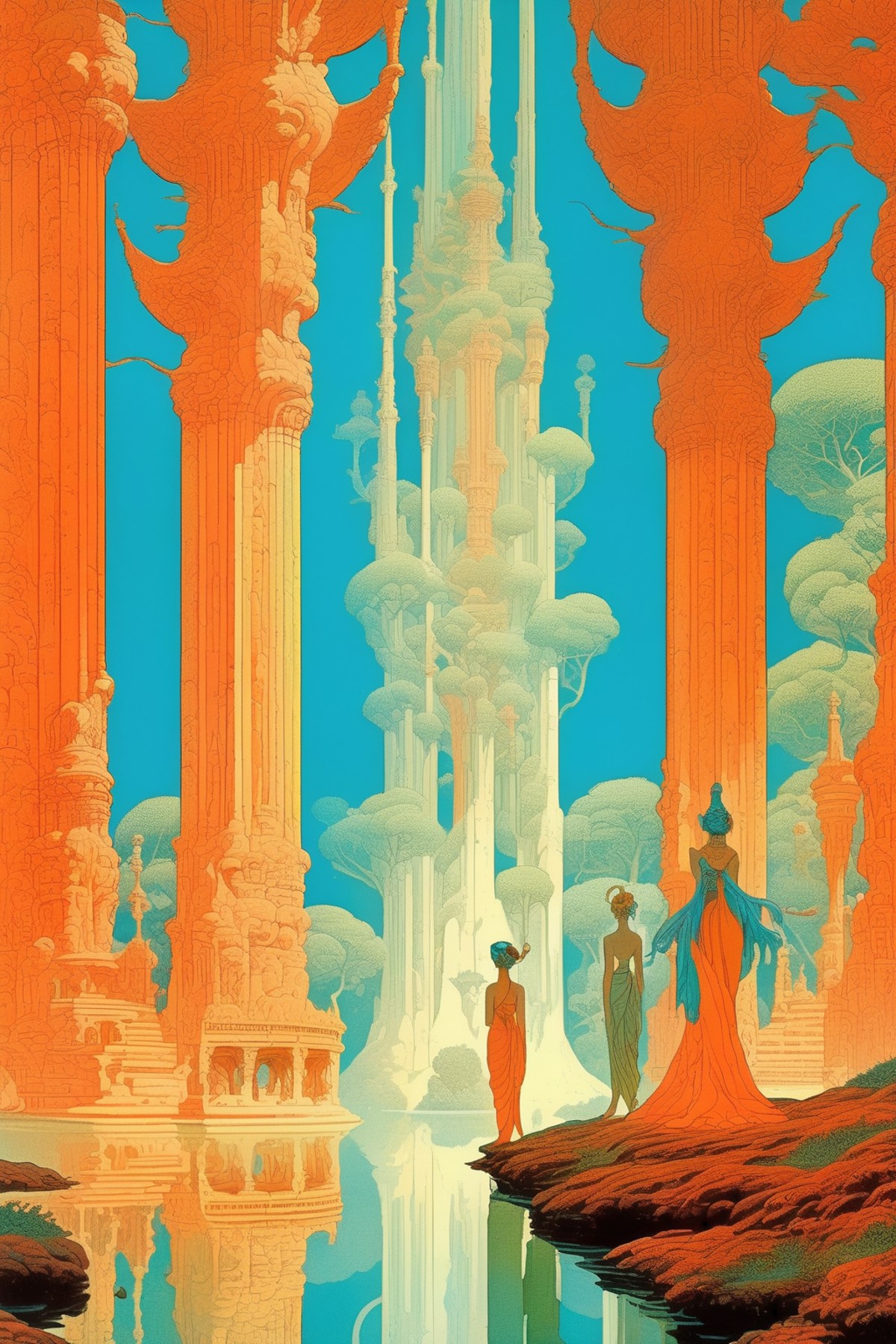 <lora:Luc Schuiten Style:1>Luc Schuiten Style - serene realm of the wind apsaras, in the style of Winsor McCay Michael Whe...